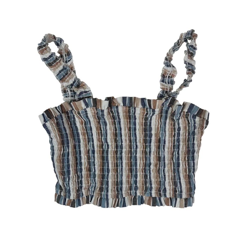 Altar'd‎ State Women's Smocked Striped Crop Top Blue Tan Cotton Small